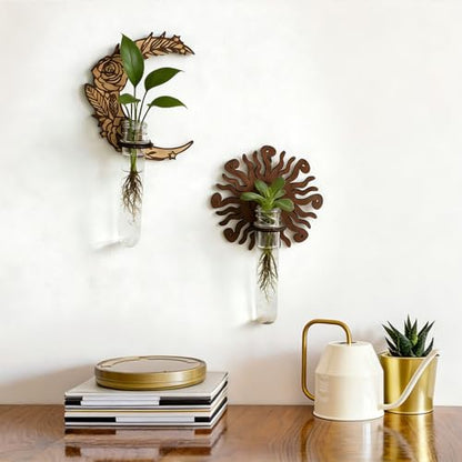 WANDIC 2Pcs Wall Propagation Planters, Sun&Moon Wooden Hanging Propagation Station for Indoor Plants Leaf Shape Plant with 2 Plastic Pipe