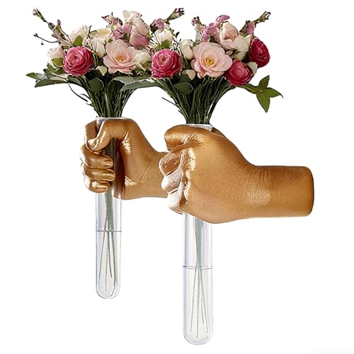 Gold Hand Wall Vase Set of 2, Resin Test Tube Flower Holders - color: Gold