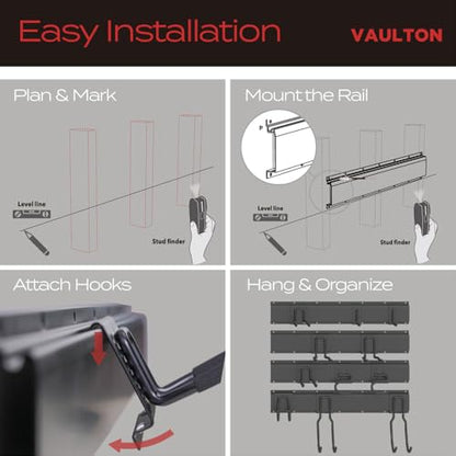 VAULTON 96" Garage Wall Organizer, Metal Tool Rack, 4 Rails 11 Hooks - size: 96" - 15 piece kit