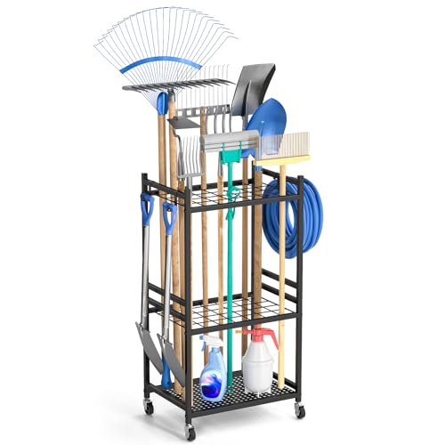 DAOUTIME Garden Organizer With Wheels, Yard Tower Rack for Garage Storage, Up to 35 Long-Handled Tools, Sturdy Metal Steel Holder With 3 Hooks, Outdoor, Black - size: 3 Tier