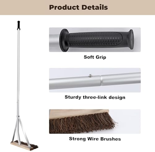 Leaf Roof Brush with Gloves, Roof Rake Remove Leaves, Adjustable 5-21ft Roof Cleaning Brush Tool for Shingles, Corrugated, Solar Panel, Lightweight Long Handle Extension Aluminum Poles Broom (21FT)