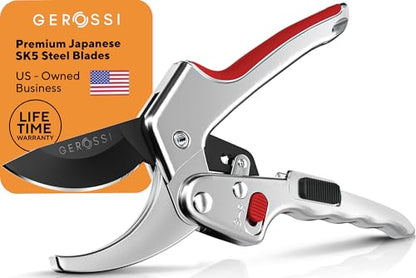 Gerossi Ratchet Pruning Shears Heavy Duty, Hand Pruners for Gardening - color: Silver-red