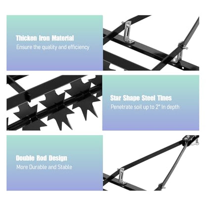 37" Tow Behind Spike Aerator Soil Penetrator Spikes Tractor, 300Lbs Heavy Duty Rolling Lawn Aerator, Manual Tow Behind Aerator with Rotary Spike for Lawn and Farm, Black
