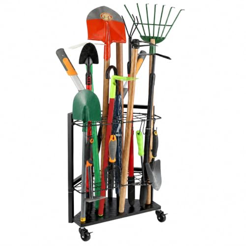 UU-Major Garden Tool Organizer for Garage Corner,Free Standing Yard Tools Rack Heavy Duty,Garage Organization and Storage Stand for Broom,Mop,Rakes,Shovel Holder for Lawn/Shed/Outdoor. - color: Triangel-Wheels-Black