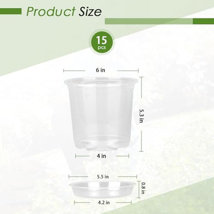 FUIJOL 6 Inch Clear Nursery Pots for Plants with Sacuers 15 Pack, Plastic Flower Pots with Drainage Holes, Variety Pack Seedlings Garden Pot for Indoor Outdoor (6 inch) - size: 6 inch
