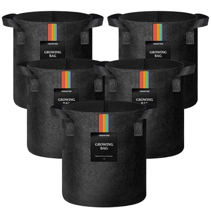 The Growing 5 Pack 3 Gallon Fabric Grow Bags，Thickened Aeration Nonwoven Fabric Plant Pots with Durable Handles,Heavy Duty 300G Planter Pot for Tomato, Fruits, Vegetables and Flowers, Black