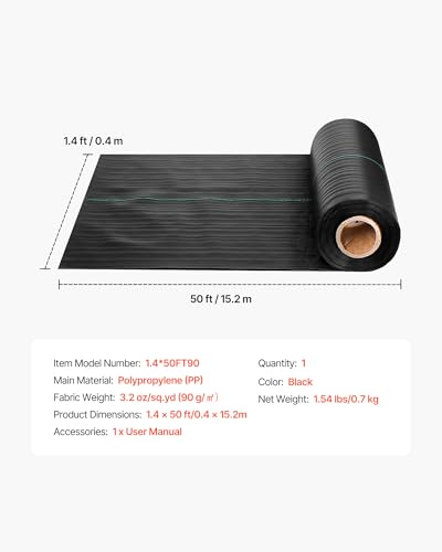 VEVOR 1.4x50FT 3.2oz Weed Barrier Fabric Heavy Duty, Landscape Fabric, Woven Weed Blocker Fabric, Garden Weed Fabric, Weed Control Fabric Ground Cover, Landscaping Cloth, Gardening Weed Mat, Black - size: 1.4FT*50FT-3.2oz