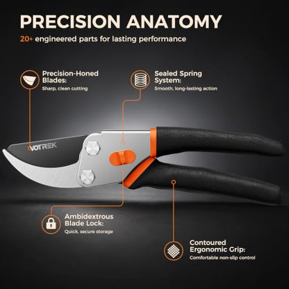 8.5" Bypass Pruning Shears, Jam-Proof Spring Clippers for branches - color: Sunset Orange