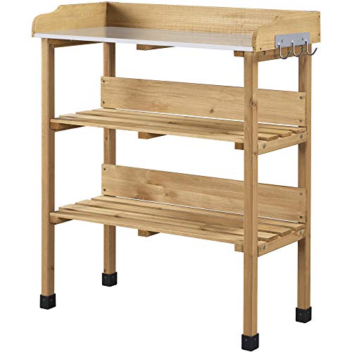 Topeakmart Potting Bench, Metal Top Garden Table for Outdoors,Natural Wood - color: Natural Wood