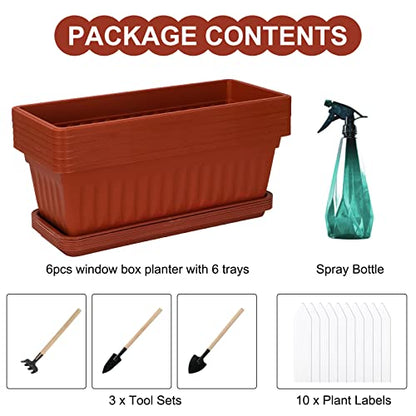 Window Box Planter, 6 Pcs 17" Flower Rectangle Planter with Tray, Brick Red - color: Brick Red