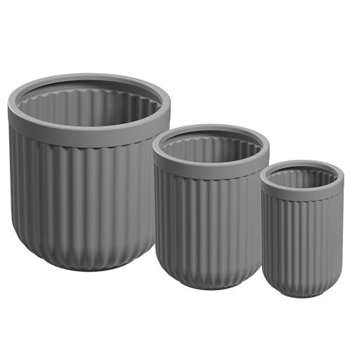 Beuta Large Poly Planters for Outdoor Plants - Set of 3, 15/18/20 Inches - USA Made - Outdoor Planters for Porch - Tall Planter for Outdoor & Indoor Plants | Large Indoor Plant Pot - Grey - color: Fluted - Grey
