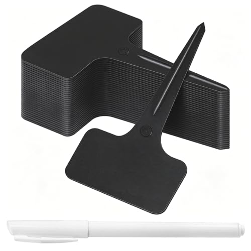 Whaline 100 Pcs Plastic Plant Labels Black T-Type Garden Stake Tags Waterproof Plant Markers Reusable Plants Signs for Outdoor Indoor Nursery Potted Plants Seed with A White Marker Pen (6 x 10 cm) - color: Black