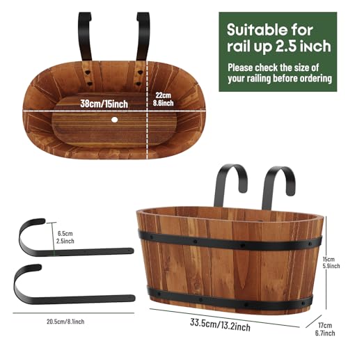 2-Pack Wooden Hanging Planters 13" Railing Flower Pots with Drainage Holes - color: Brown-2pcs, size: Large