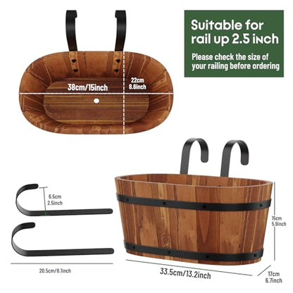2-Pack Wooden Hanging Planters 13" Railing Flower Pots with Drainage Holes - color: Brown-2pcs, size: Large