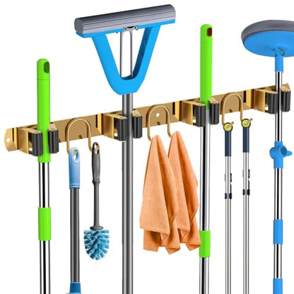 Mop Broom Holder Wall Mount, Gold Stainless Steel Tool Storage Organizer for Kitchen Garden Garage Laundry Room Bathroom and RV with 4 Slots 6 Hooks - color: Gold-1 Pack