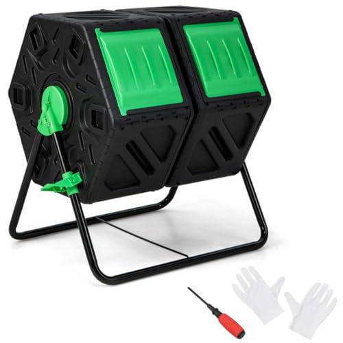 34.5 Gallon Dual Chamber Compost Tumbler, 360° Rotating Compost Bin with Sliding Doors, Aeration System, BPA Free PP Material, Rustproof Metal Frame, Black and Green, 25.5 x 23.5 x 29 Inches, 18 lbs
