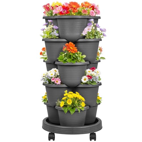 VECELO 5 Tier Vertical Garden Planter, Self Watering Stackable Planters with Wheels for Strawberries, Herbs, Flowers, Vegetables, Dark Gray - color: Dark Gray, size: 5 Tier