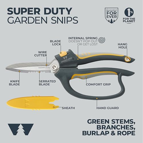 Woodland Tools Utility Snips – Super Duty Garden Snips with Serrated Trimming Scissors, Knife Edge, Wire and Twine Cutter, Stainless Steel Construction, Sheath Included – Plant Scissors for Yard Work - style: Super Duty Snip