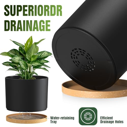 10/9/8 Inch Plant Pots 3 Pack, with Drainage Hole & Saucers - color: Matte Black&brown