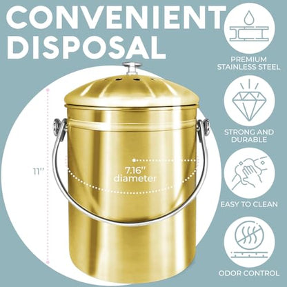 Epica Kitchen Compost Bin for Kitchen Countertops, 1.3 Galllon - Gold - color: Gold