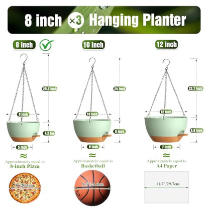 8 Inch Self Watering Hanging Planters Set of 3 with Saucers - color: Green Brown, size: 8 Inch 3 Pack