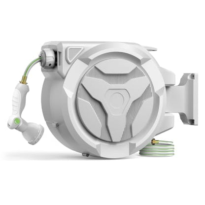 100 FT Retractable Garden Hose, Heavy Duty Wall Mounted Water Hose Reel - color: White