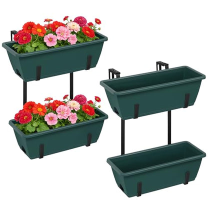 Deck Railing Planter Boxes 2 Tier Green Outdoor Hanging Planters Set of 2 - color: Green