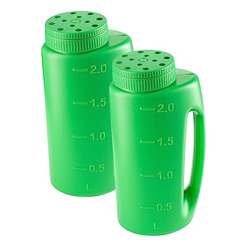 Superio Seed Spreader for Lawn, 2L Handheld Shaker, Dispenser for, Seed, Snow and Ice Melt, Salt, Insect Repellents- Multipurpose Garden Applicator with Adjustable Holes, 68 Oz - color: Green 2-Pack