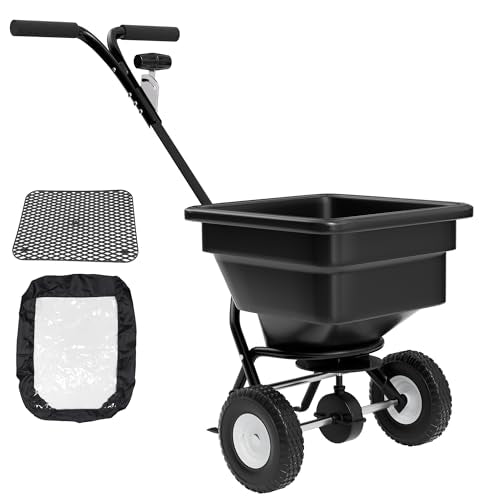 PPOLB Broadcast Spreader for Lawns, 100LB Fertilizer Spreader with 30-Level Flow Control, Walk Behind Lawn Seed & Salt Spreader, 0–10FT Coverage, Hopper Screen, Rain Cover, 12" Pneumatic Wheels - size: 100LBS