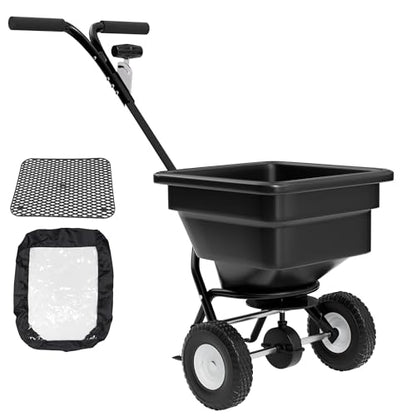 PPOLB Broadcast Spreader for Lawns, 100LB Fertilizer Spreader with 30-Level Flow Control, Walk Behind Lawn Seed & Salt Spreader, 0–10FT Coverage, Hopper Screen, Rain Cover, 12" Pneumatic Wheels - size: 100LBS