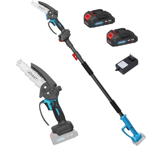 Electric Pole Saws for Tree Trimming, 6 Inch Mini Chainsaw Cordless 2-in-1 Pole Saw Battery Powered Tree Trimmer, Hand Held Chainsaw Long Bar Tree Branch Cutter, Wood Cutting Tools with 2 Batteries - color: Light Blue