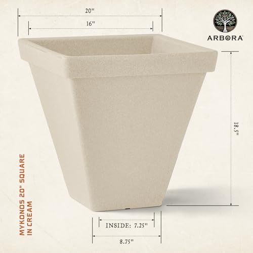 ARBORA 20" Mykonos Square Planter - Polyresin Large Outdoor Plant Pot - color: Cream, size: 20"