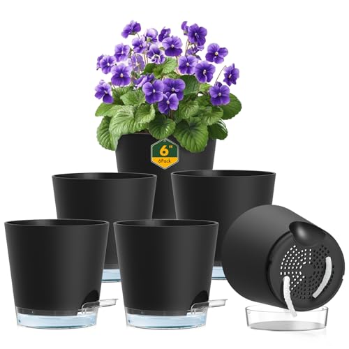 Meowell 6 inch Self Watering Pots for Indoor Outdoor Plants, 6 Pack Flower Plant Pots with Drainage Holes and Clear Reservoirs, Visible Water Level, Plastic Planters with Wicking Rope, Black - color: Black, size: 6in 6pcs