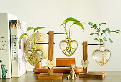 Kingbuy Hydroponic Glass Vase Vintage Desktop Plant Terrarium Planter Bulb Vase Water Planting Propagation Vase Planters Hydroponics Plants with Retro Wooden Stand Home Garden. (D(1 Heart Vase)) - size: Heart （1 Bulb Vase）