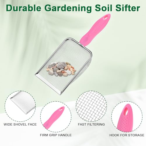 M METERXITY 2-Pack Gardening Soil Sifter, 5/2 mm Mesh Stainless Steel Portable Gardening Sifter with Non-Slip Handle for Sand/Dirt/Rock/Compost [White, Pink] - color: White, Pink, size: 5,2mm