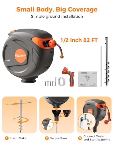 82 ft 1/2 Inch Retractable Garden Hose Reel Ground-Mounted Freestanding - size: 1/2inch 82ft