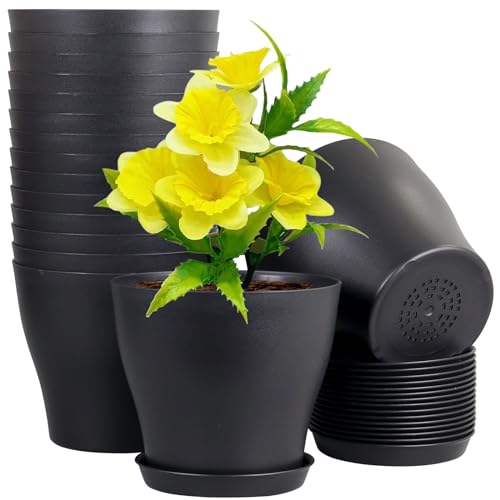 Meowell 6 inch Plastic Nursery Pots, 16 Pack Plant Pots for Small Indoor Outdoor Plants, Flower Pots with Drainage Holes and Saucers, Decorative Seedling Starter Planters for House Plants, Black - color: Black, size: 6inch B 16pcs