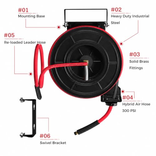 Retractable Air Hose Reel 50 FT | 300 PSI Air Compressor Hose Reel | 3/8 Hybrid Polymer Hose | Heavy-Duty Steel Wall Mount Swivel Bracket|Auto Rewind | All-Weather Retractable Air Hose - Red - size: 50ft