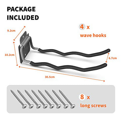 TORACK Garage Tool Organizer Hooks, 4-Pack Heavy-Duty 12" Steel Wave Hooks - size: 4-Pack 12" Wave Hooks