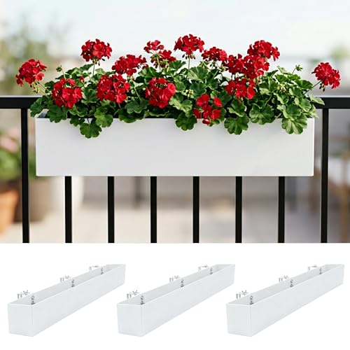 LaLaGreen Planter Boxes Outdoor (36 Inch, 3 Pack) White Metal Rectangular Deck Railings Flower Box with Brackets, Large Planters Plant Holder for Fence Balcony Rail Patio Porch Modern Garden Decor - size: 36" x 3 Pack