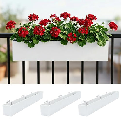 LaLaGreen Planter Boxes Outdoor (36 Inch, 3 Pack) White Metal Rectangular Deck Railings Flower Box with Brackets, Large Planters Plant Holder for Fence Balcony Rail Patio Porch Modern Garden Decor - size: 36" x 3 Pack