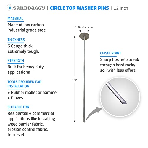 Sandbaggy 12 Inch Circle Top Pins | Industrial Grade 6 Gauge Steel | Great for Hard & Rocky Soil | Holds 10X Better | Landscape Staples SOD Garden Stakes Weed Barrier (12 Inch - 50 Pcs) - size: 12 Inch - 50 Pcs