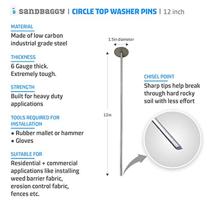 Sandbaggy 12 Inch Circle Top Pins | Industrial Grade 6 Gauge Steel | Great for Hard & Rocky Soil | Holds 10X Better | Landscape Staples SOD Garden Stakes Weed Barrier (12 Inch - 50 Pcs) - size: 12 Inch - 50 Pcs