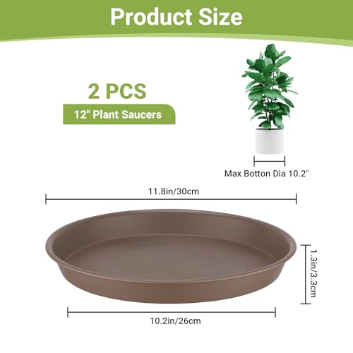 GREANER 12 Inch Plant Plates to Catch Water, 2PCS Brown Heavy Duty Humidity Trays for Indoor Plants, Deep Plant Saucer for Pot - color: Brown, size: 12"- 2 Packs