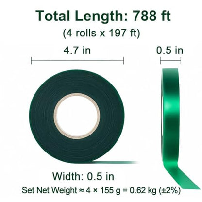 Plant Tie Tape – 4 Rolls (788 ft) Stretch Vinyl (PVC), 0.5" Wide, Non-Adhesive Garden Ties for Stems & Poles – Includes Mesh Bag & Binder Clip (788 ft) - size: 788 ft
