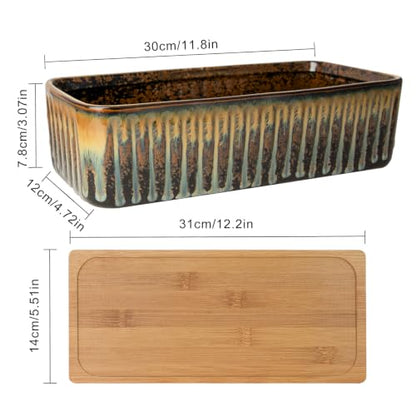 Succulent Pots, 12'' Long Rectangle Planters with Tray, Windowsill Planter - color: Flow Glaze