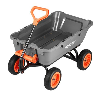 VEVOR 800LBS 7 CU.FT Poly Garden Cart Dump Wagon, Heavy Duty 4 Wheel Wheelbarrow with 10" Flat Free Tires, Yard Cart Dump Wagon with Removable Raised Sides and Quick-Release System - color: Grey01