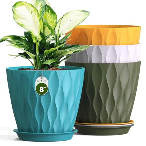 8 Inch Plant Pots 4 Pack Plastic Planters with Drainage & Saucers - color: Multicolor