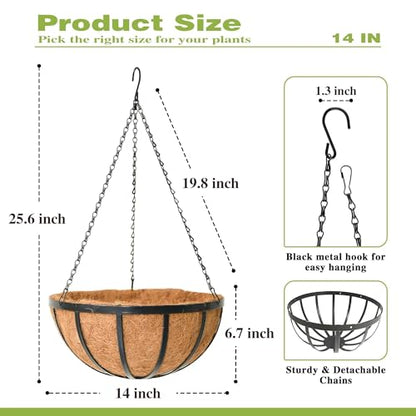 14 Inch Black Flat Iron Metal Hanging Planter Basket with Coco Coir Liner(4 Pack) Hanging Planters for Outdoor Plants Hanging Baskets for Plants Flower Pots for Deck Patio Porch Garden Balcony - size: 14 Inch