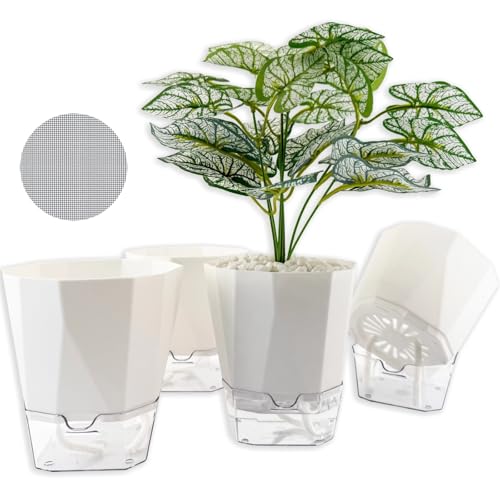 4 Packs Self Watering Plant Pots, Plastic Flower Pots with Drainage Hole and Saucer, Self Watering Planters for Indoor Outdoor Garden Plants, African Violet, Herbs (White, 5")